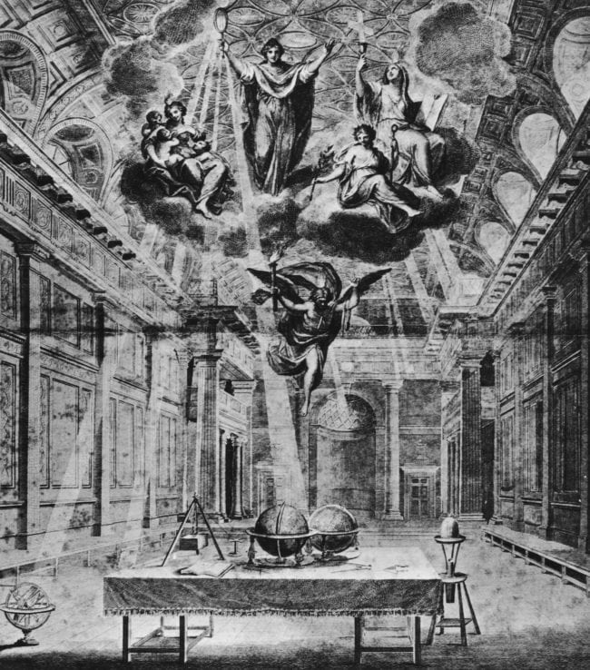 The figure of Truth, attended by Faith, Hope and Charity 'commissioning the genius of masonry to illuminate the craft' in the building of Thomas Sandby's new Freemasons' Hall in London, 1784. The hall is the headquarters of the United Grand Lodge of England. (Photo by Hulton Archive/Getty Images)