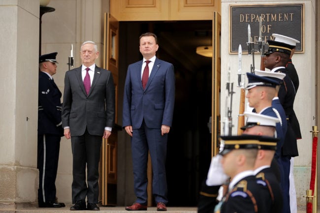 ARLINGTON, VA - APRIL 27:  U.S. Defense Secretary James Mattis (L) hosts Polish Defense Minister Mariusz Blaszczak for an Enhanced Honor Cordon at the Pentagon River Entrance April 27, 2018 in Arlington, Virginia. Poland recently signed a $4.75 billion arms deal - its biggest in history - with the United States and agreed to buy the Patriot missile defense system. Mattis praised the deal as a step forward in modernizing the Polish military.  (Photo by Chip Somodevilla/Getty Images)