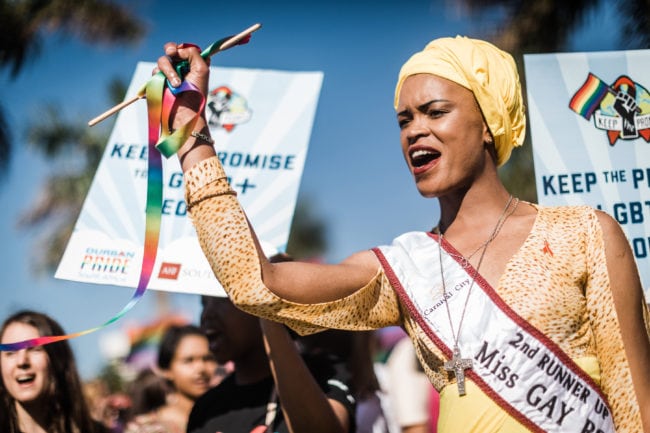 Members of the South African Lesbian, Gay, Bisexual and Transgender and Intersex (LGBTI) community chant slogans as they take part in the annual Gay Pride Parade, as part of the three-day Durban Pride Festival, on June 30, 2018 in Durban. (Photo by RAJESH JANTILAL / AFP)        (Photo credit should read RAJESH JANTILAL/AFP/Getty Images)