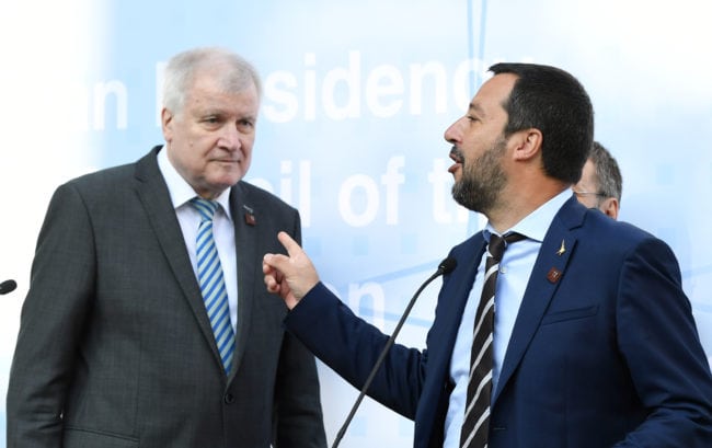 INNSBRUCK, AUSTRIA - JULY 12: German Interior Minister Horst Seehofer (L) and Italian Interior Minister Matteo Salvini leave a press conference during the European Union member states' interior and justice ministers conference on July 12, 2018 in Innsbruck, Austria. The meeting is taking place among mounting efforts by governments across Europe to restrict the entry of migrants and refugees. (Photo by Andreas Gebert/Getty Images)