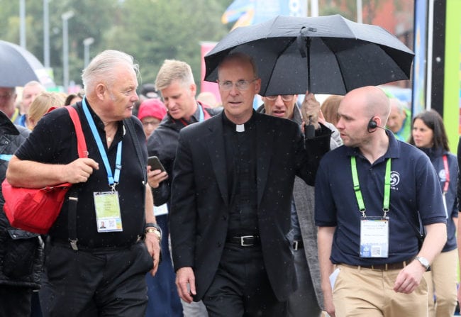 Pro-LGBT Jesuit priest James Martin (C) arrives at the World Meeting of Families in Dublin on August 23, 2018. 