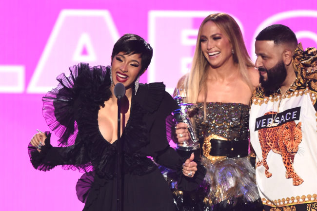 NEW YORK, NY - AUGUST 20: (L-R) Cardi B, Jennifer Lopez, and DJ Khaled accept the award for Best Collaboration onstage during the 2018 MTV Video Music Awards at Radio City Music Hall on August 20, 2018 in New York City. (Photo by Michael Loccisano/Getty Images for MTV)