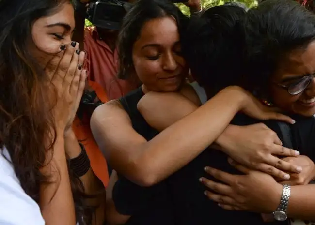 Indian members of the lesbian, gay, bisexual, transgender (LGBT) community celebrate outside the Supreme Court after the decision to strike down the colonial-era ban on gay sex in New Delhi on September 6, 2018. - India's Supreme Court on September 6 struck down the ban that has been at the centre of years of legal battles. "The law had become a weapon for harassment for the LGBT community," Chief Justice Dipak Misra said as he announced the landmark verdict. (Photo by Sajjad HUSSAIN / AFP) (Photo credit should read SAJJAD HUSSAIN/AFP/Getty Images)