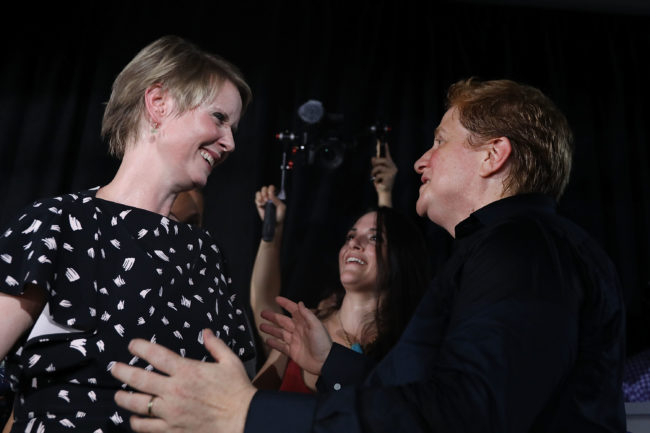 NEW YORK, NY - SEPTEMBER 13: New York Democratic primary candidate for governor Cynthia Nixon speaks with her her wife, Christine Marinoni, after making a concession speech at a Brooklyn restaurant on September 13, 2018 in New York City. In a race where she sought to attract disenfranchised voters and those on the left, the actress and activist was challenging the incumbent governor Andrew Cuomo. 