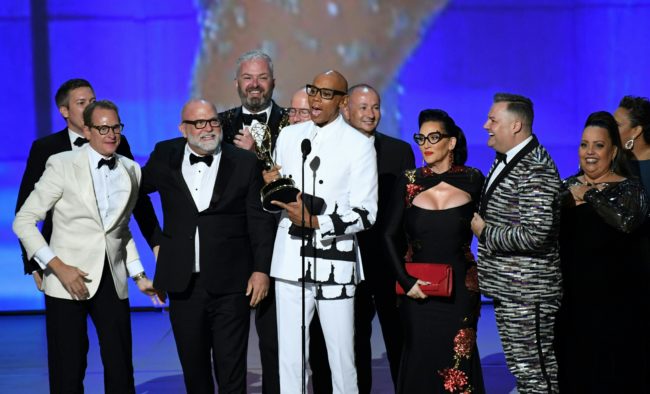 RuPaul(C) and cast and crew accept the Outstanding Reality-Competition Program for 'RuPaul's Drag Race' onstage during the 70th Emmy Awards at the Microsoft Theatre in Los Angeles, California on September 17, 2018. (Photo by Robyn Beck / AFP) (Photo credit should read ROBYN BECK/AFP/Getty Images)