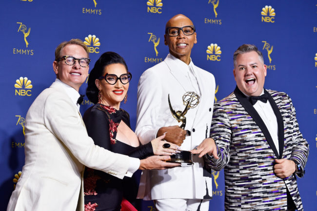 LOS ANGELES, CA - SEPTEMBER 17: Outstanding Reality-Competition Program winners Carson Kressley, Michelle Visage, RuPaul, and Ross Mathews pose in the press room during the 70th Emmy Awards at Microsoft Theater on September 17, 2018 in Los Angeles, California. (Photo by Frazer Harrison/Getty Images)