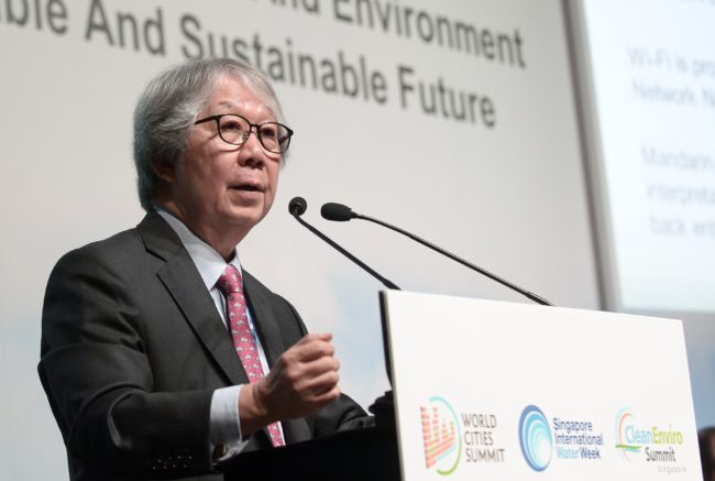 Singapore Ambassador-at-large Tommy Koh speaks during the opening plenary session at the World Cities Summit on June 2, 2014. Some 20,000 delegates representing the government, industry, international organisations and academia are expected to attend the World Cities Summit (WCS), Singapore International Water Week (SIWW) and CleanEnviro Summit Singapore (CESS) taking place on June 1 to 5. AFP PHOTO / ROSLAN RAHMAN (Photo credit should read ROSLAN RAHMAN/AFP/Getty Images)