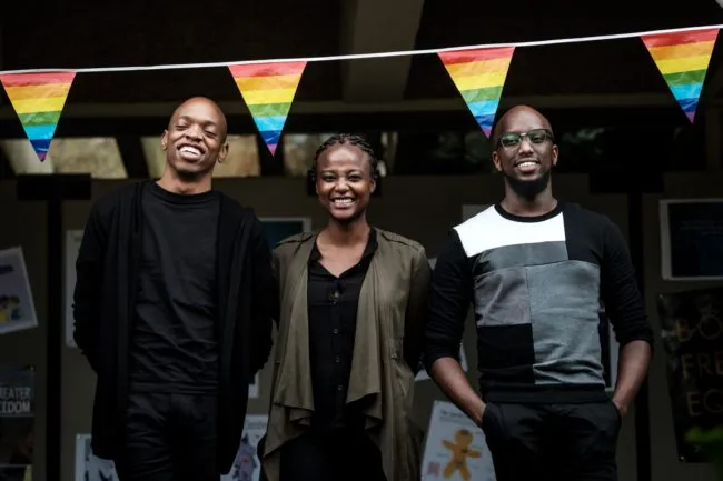 The Nest Collective Director Tim Chuchu (L), Production Designer Summy Dolat (R) and Producer Njeri Gitungo pose after their keynote speech on their film "The Stories of Our Lives" banned screening in Kenya for LGBT theme during the UN GLOBE event celebrating first time on the International Day against Homophobia and Transphobia (IDAHOT), on May 17, 2018, at United Nations Office in Nairobi, Kenya. - UN GLOBE is a staff group representing lesbian, gay, bisexual, transgender, and inter-sex staff members of the UN and its peacekeeping operations. (Photo by Yasuyoshi CHIBA / AFP) (Photo credit should read YASUYOSHI CHIBA/AFP/Getty Images)