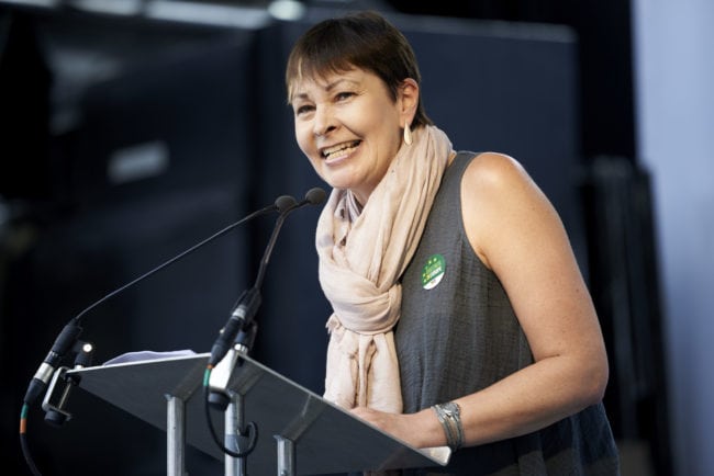 Co-Leader of the Green Party of England and Wales Caroline Lucas speaks during the People's March demanding a People's Vote on the final Brexit deal, in central London on June 23, 2018, the second anniversary of the 2016 referendum. - Tens of thousands of people demonstrated in London on Saturday calling for a second vote on Britain's departure from the European Union. (Photo by Niklas HALLE'N / AFP) (Photo credit should read NIKLAS HALLE'N/AFP/Getty Images)