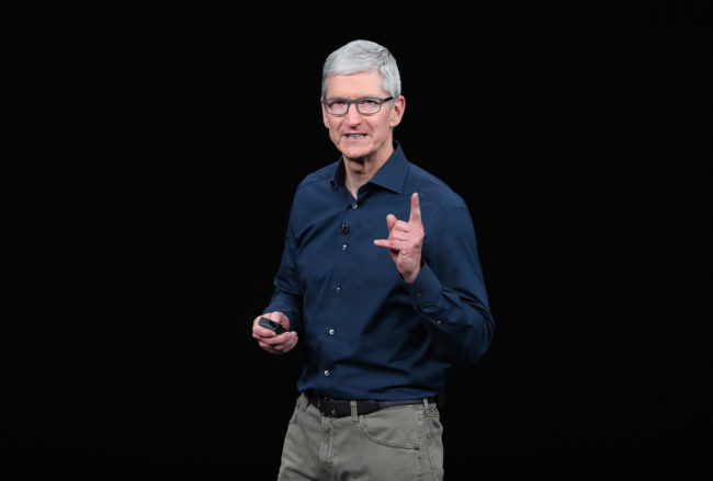 CUPERTINO, CALIFORNIA - SEPTEMBER 12:  Tim Cook, chief executive officer of Apple,  speaks during an Apple event at the Steve Jobs Theater at Apple Park on September 12, 2018 in Cupertino, California. Apple is expected to announce new iPhones with larger screens as well as other product upgrades.  (Photo by Justin Sullivan/Getty Images)