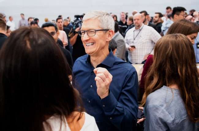Apple CEO Tim Cook attends a product launch event on September 12, 2018, in Cupertino, California. - New iPhones set to be unveiled Wednesday offer Apple a chance for fresh momentum in a sputtering smartphone market as the California tech giant moves into new products and services to diversify.Apple was expected to introduce three new iPhone models at its media event at its Cupertino campus, notably seeking to strengthen its position in the premium smartphone market a year after launching its $1,000 iPhone X. (Photo by NOAH BERGER / AFP)        (Photo credit should read NOAH BERGER/AFP/Getty Images)