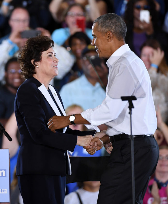 LAS VEGAS, NEVADA - OCTOBER 22:  U.S. Rep. and U.S. Senate candidate Jacky Rosen (D-NV) (L) greets former U.S. President Barack Obama at a get-out-the-vote rally at the Cox Pavilion as he campaigns for Nevada Democratic candidates on October 22, 2018 in Las Vegas, Nevada. Early voting in Clark County, Nevada began on October 20 and has recorded the highest turnout during the first two days of early voting in a midterm election.  (Photo by Ethan Miller/Getty Images)