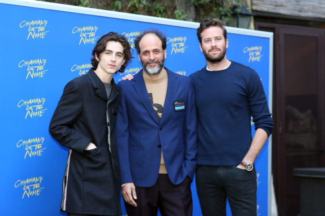 ROME, ITALY - JANUARY 24: (L-R) Timothee Chalamet, Italian director Luca Guadagnino and Armie Hammer attend 'Chiamami Col Tuo Nome (Call Me By Your Name)' at De Russie Hotel on January 24, 2018 in Rome, Italy. (Photo by Contigo/Getty Images)
