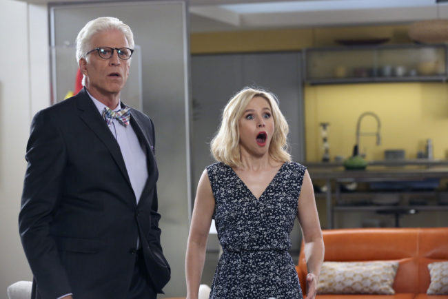 THE GOOD PLACE -- "Michael's Gambit" Episode 113 -- Pictured: (l-r) Ted Danson as Michael, Kristen Bell as Eleanor Shellstrop -- (Photo by: Vivian Zink/NBC)