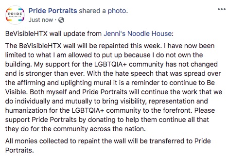 A statement from Pride Portraits saying that the BeVisible Pride Wall will be repainted 