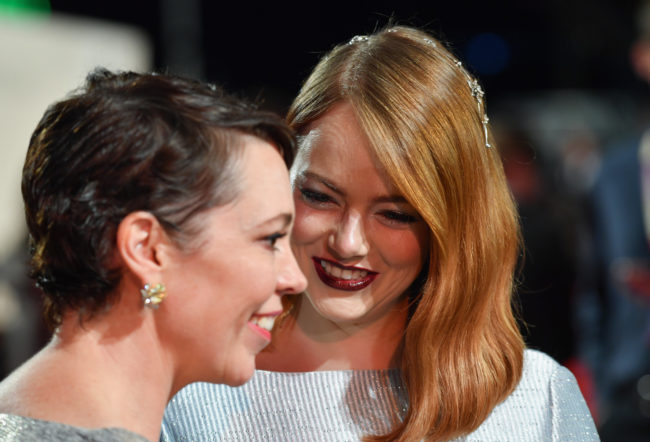 Olivia Colman and Emma Stone attend the UK premiere of The Favourite