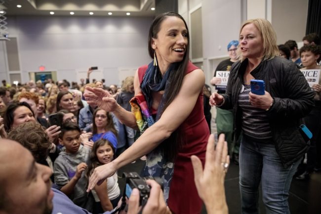 Sharice Davids greets supporters during an election night party on November 6, 2018 in Olathe, Kansas. (Whitney Curtis/Getty Images)