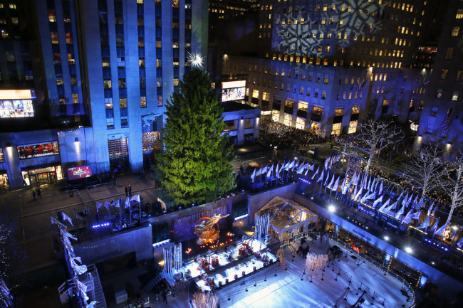 View of the Christmas tree before 86th Annual Rockefeller Center Tree Lighting Ceremony .