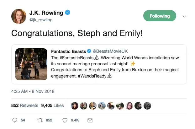 JK Rowling congratulates a lesbian couple on their Harry Potter engagement 