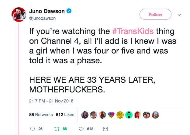 Juno Dawson's tweet about Channel 4's Trans Kids: It's Time to Talk 