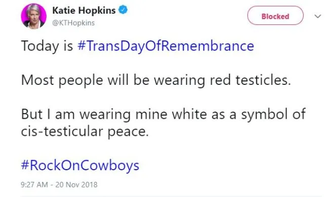 Katie Hopkins criticised the Transgender Day of Remembrance on Twitter