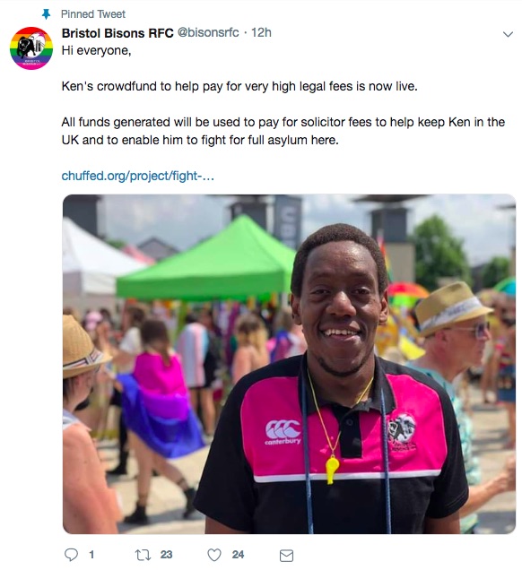 Bristol Bisons supporting their gay teammate Ken Macharia on Twitter, who is being threatened with removal from the UK to Kenya 