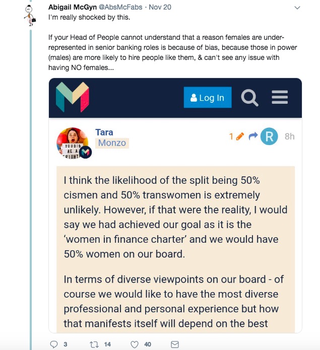 A post on Twitter to protest against Monzo's policy to address gender imbalance 