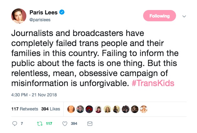 Paris Lees chastised the Channel 4's Trans Kids: It's time to Talk on Twitter 