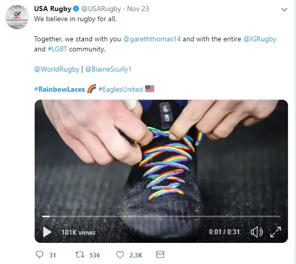 USARugby Tweet about Gareth Thomas and Rainbow Laces campaign.