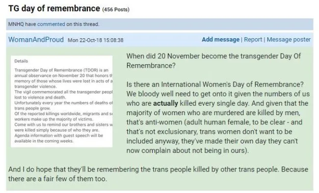 Mumsnet users criticised the Transgender Day of Remembrance