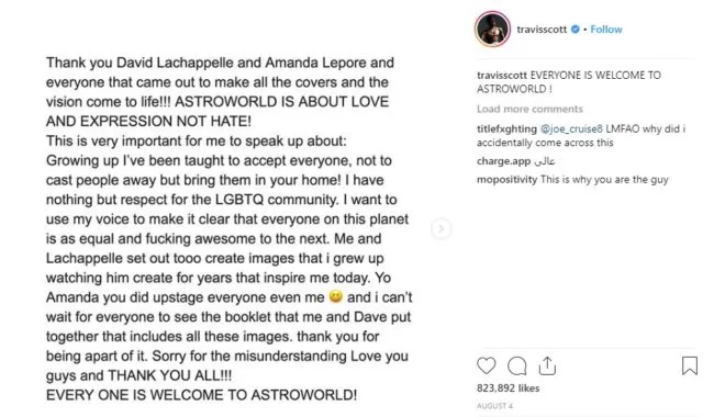 Instagram post explaining Astroworld's photo edit