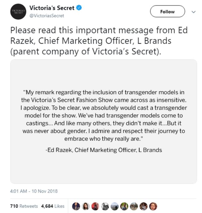 Victoria's Secret executive Ed Razek's apology on Twitter