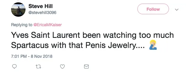 A Twitter user reacts to Yves Saint Laurent's penis jewellery 
