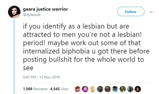 A tweet which is insistent on the definition of 'lesbian'