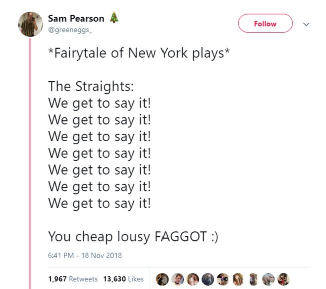 Tweet about Fairytale of New York and straight people's enthusiasm for saying "faggot"