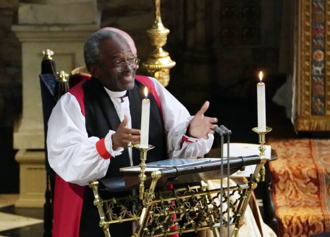 Episcopal Church leader Bishop Michael Curry gives a sermon at Meghan Markle and Prince Harry's royal wedding