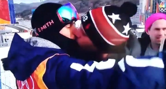 US skier kissing partner Matthew Wilkas at the 2018 Winter Olympics