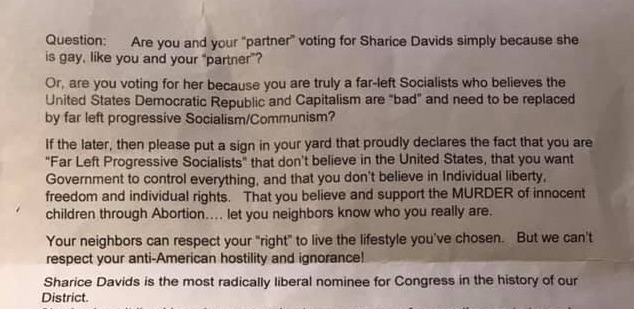 A portion of the letter against Sharice Davids the Kansas lesbian couple received. 