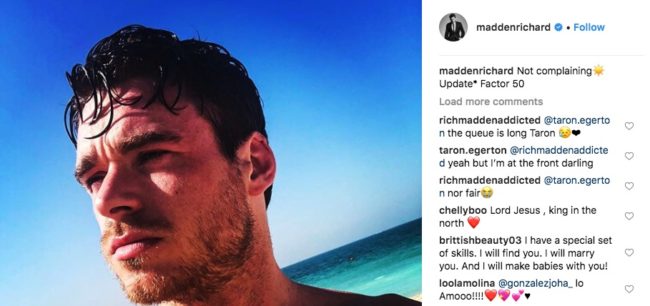 Taron Egerton is fanboying his Rocketman sex scene co-star Richard Madden's Instagram