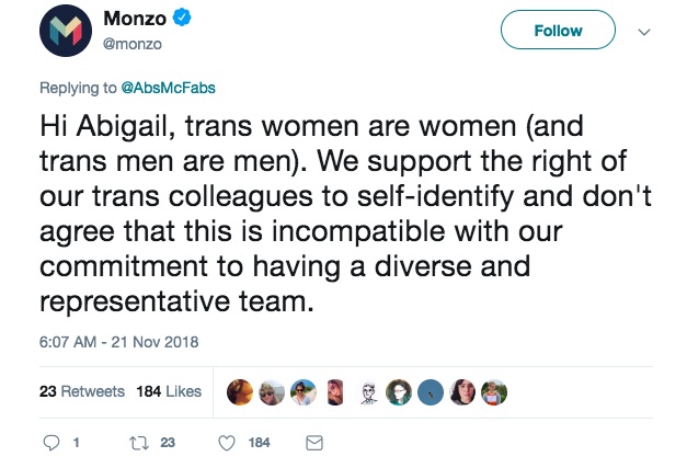 Monzo's transgender support on Twitter 