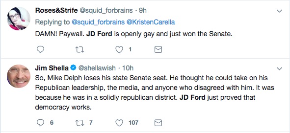 Twitter user react to the news that JD Ford is the first gay man elected to the Indiana state senate.