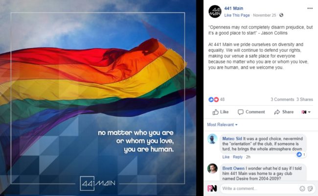 A post on Facebook by 441 Main, a gay club in Winnipeg, Canada