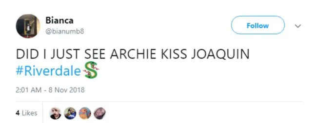 Tweet about Archie and Joaquin's gay kiss