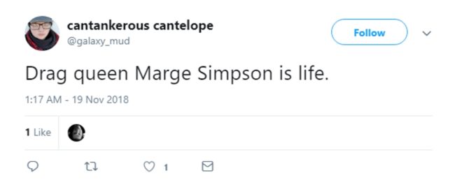 A tweet about Marge Simpson dressing up in drag on The Simpsons