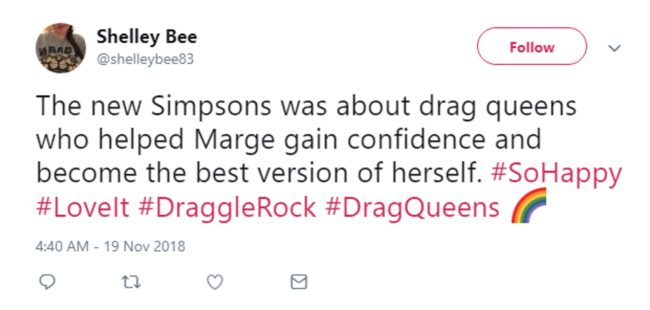 A fan tweeting about The Simpsons' Marge Simpson becoming a drag queen