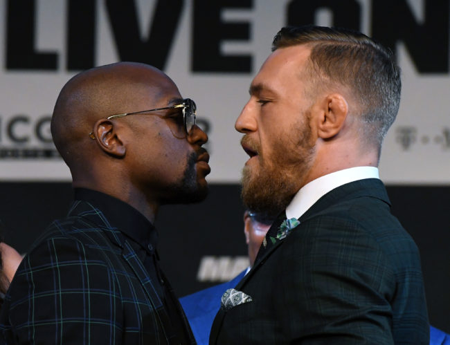 Floyd Mayweather and Conor McGregor face off during a news conference at the KA Theatre at MGM Grand Hotel & Casino in 2017