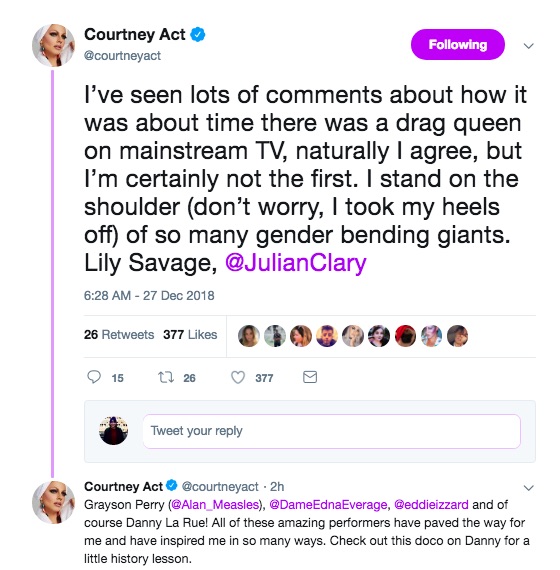 Courtney Act on Twitter praising the drag queens who inspired her 