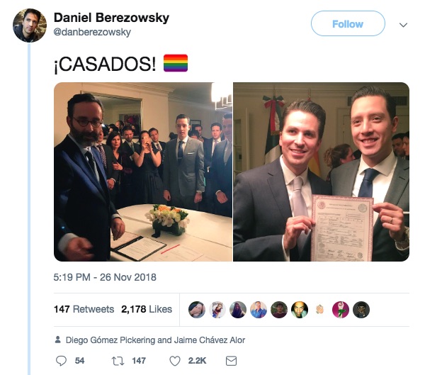 Newlywed Daniel Berezowsky thanked the gay Mexican couple's supporters in a tweet.