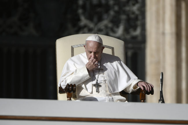 Pope Francis ponders during the weekly general audience at St. Peter's square in the Vatican on November 21, 2018. 