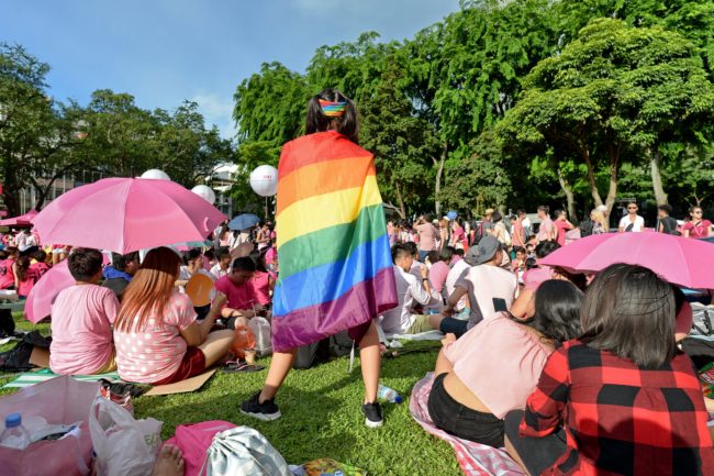 An individual wrapped in a rainbow flag at the annual "Pink Dot" event in Singapore for the LGBT+ community, such as the gay man who was finally able to adopt his child, conceived through surrogacy.